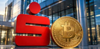 Rotes Sparkassen-Logo neben einer goldenen Bitcoin-Münze vor einer modernen Bankfassade.