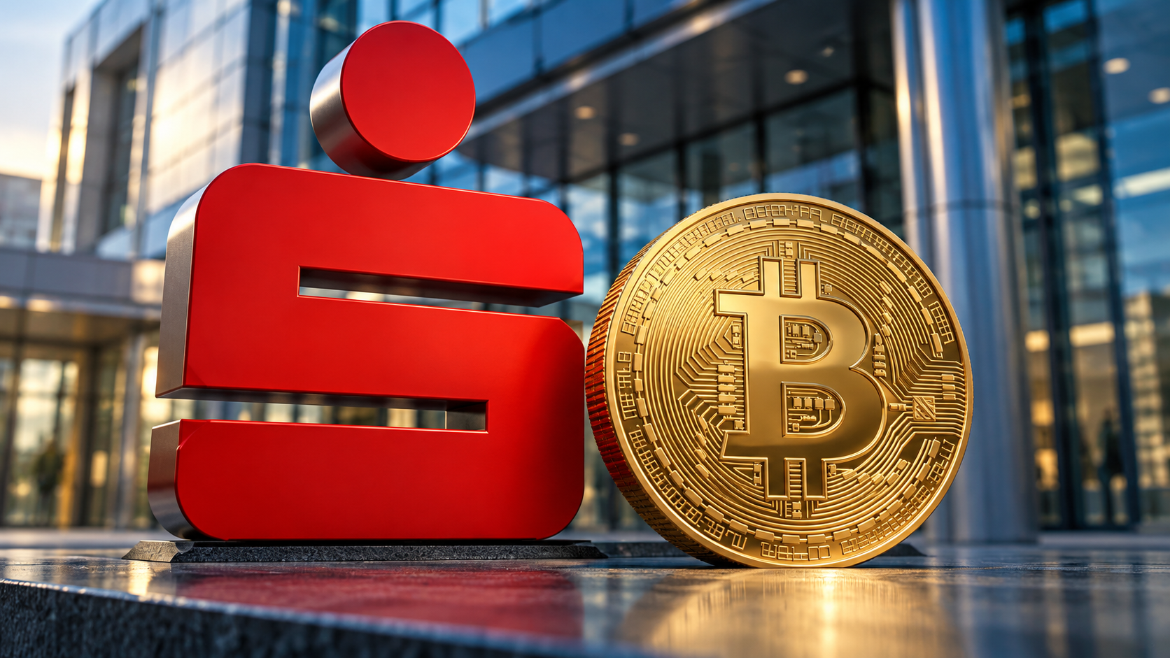 Rotes Sparkassen-Logo neben einer goldenen Bitcoin-Münze vor einer modernen Bankfassade.