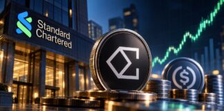 Ethena ENA vor Standard Chartered mit steigendem Kurschart und Stablecoin-Symbol
