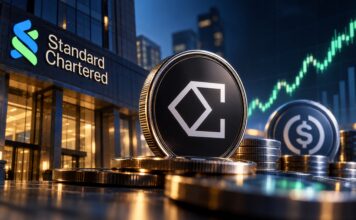 Ethena ENA vor Standard Chartered mit steigendem Kurschart und Stablecoin-Symbol