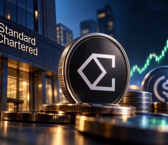 Ethena ENA vor Standard Chartered mit steigendem Kurschart und Stablecoin-Symbol