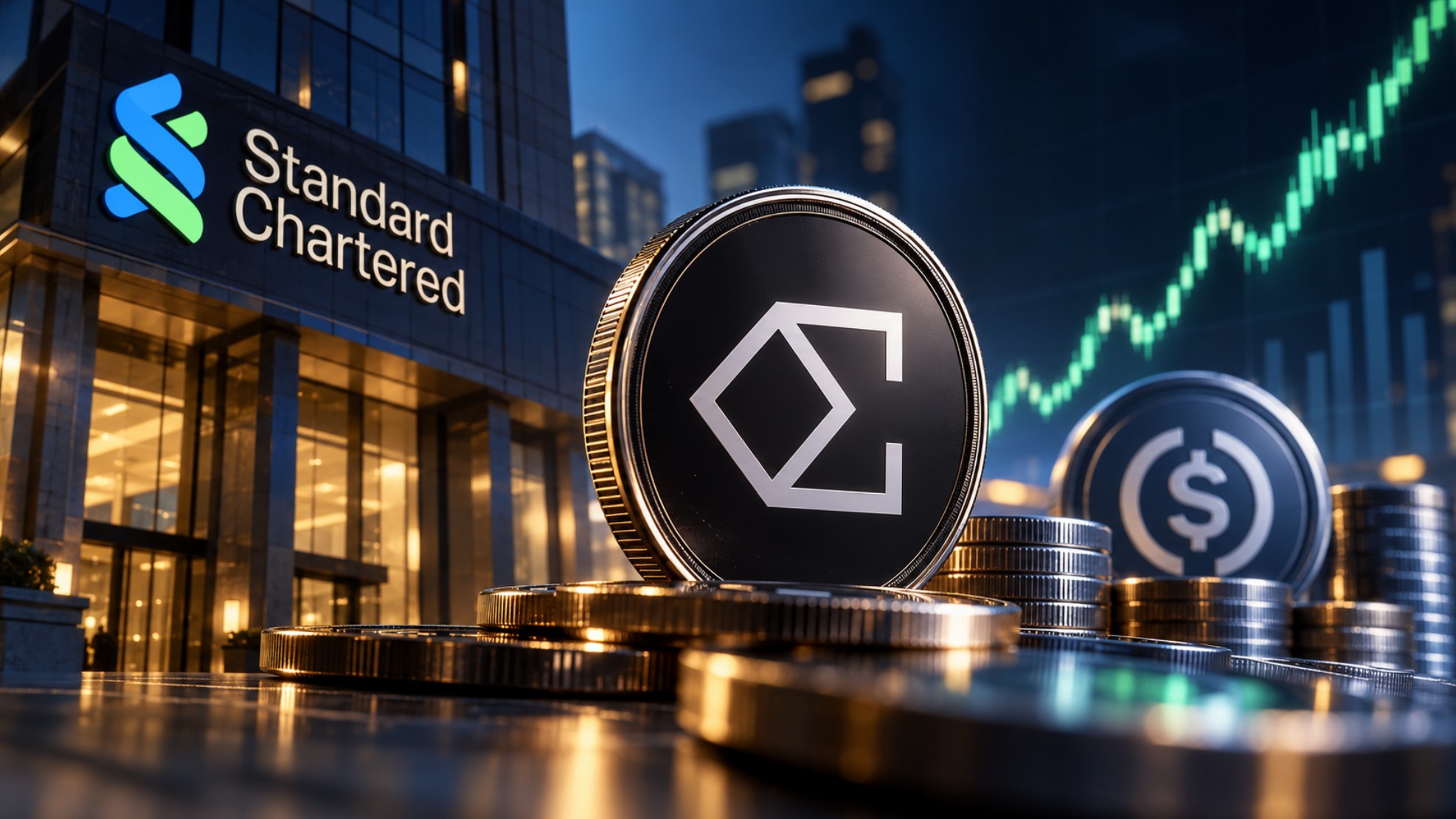 Ethena ENA vor Standard Chartered mit steigendem Kurschart und Stablecoin-Symbol