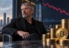 Michael Saylor von Strategy neben goldenen Bitcoin-Münzen und einem fallenden Aktienchart, der den Kursdruck auf MSTR durch den drohenden MSCI-Ausschluss symbolisiert.