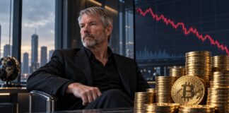 Michael Saylor von Strategy neben goldenen Bitcoin-Münzen und einem fallenden Aktienchart, der den Kursdruck auf MSTR durch den drohenden MSCI-Ausschluss symbolisiert.