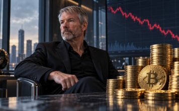 Michael Saylor von Strategy neben goldenen Bitcoin-Münzen und einem fallenden Aktienchart, der den Kursdruck auf MSTR durch den drohenden MSCI-Ausschluss symbolisiert.