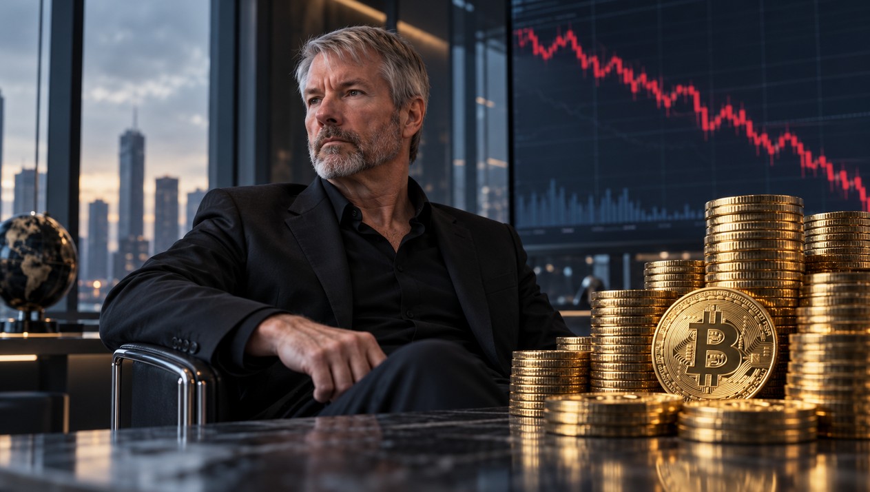 Michael Saylor von Strategy neben goldenen Bitcoin-Münzen und einem fallenden Aktienchart, der den Kursdruck auf MSTR durch den drohenden MSCI-Ausschluss symbolisiert.