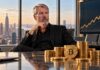 Michael Saylor in einem modernen Vorstandsbüro mit Bitcoin-Münzen und steigendem Kurschart im Hintergrund.