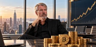 BREAKING: Strategy und Strive kaufen Bitcoin – BTC-Kurs steigt auf 86.125 USD Michael Saylor in einem modernen Vorstandsbüro mit Bitcoin-Münzen und steigendem Kurschart im Hintergrund.