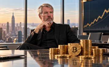 BREAKING: Strategy und Strive kaufen Bitcoin – BTC-Kurs steigt auf 86.125 USD Michael Saylor in einem modernen Vorstandsbüro mit Bitcoin-Münzen und steigendem Kurschart im Hintergrund.