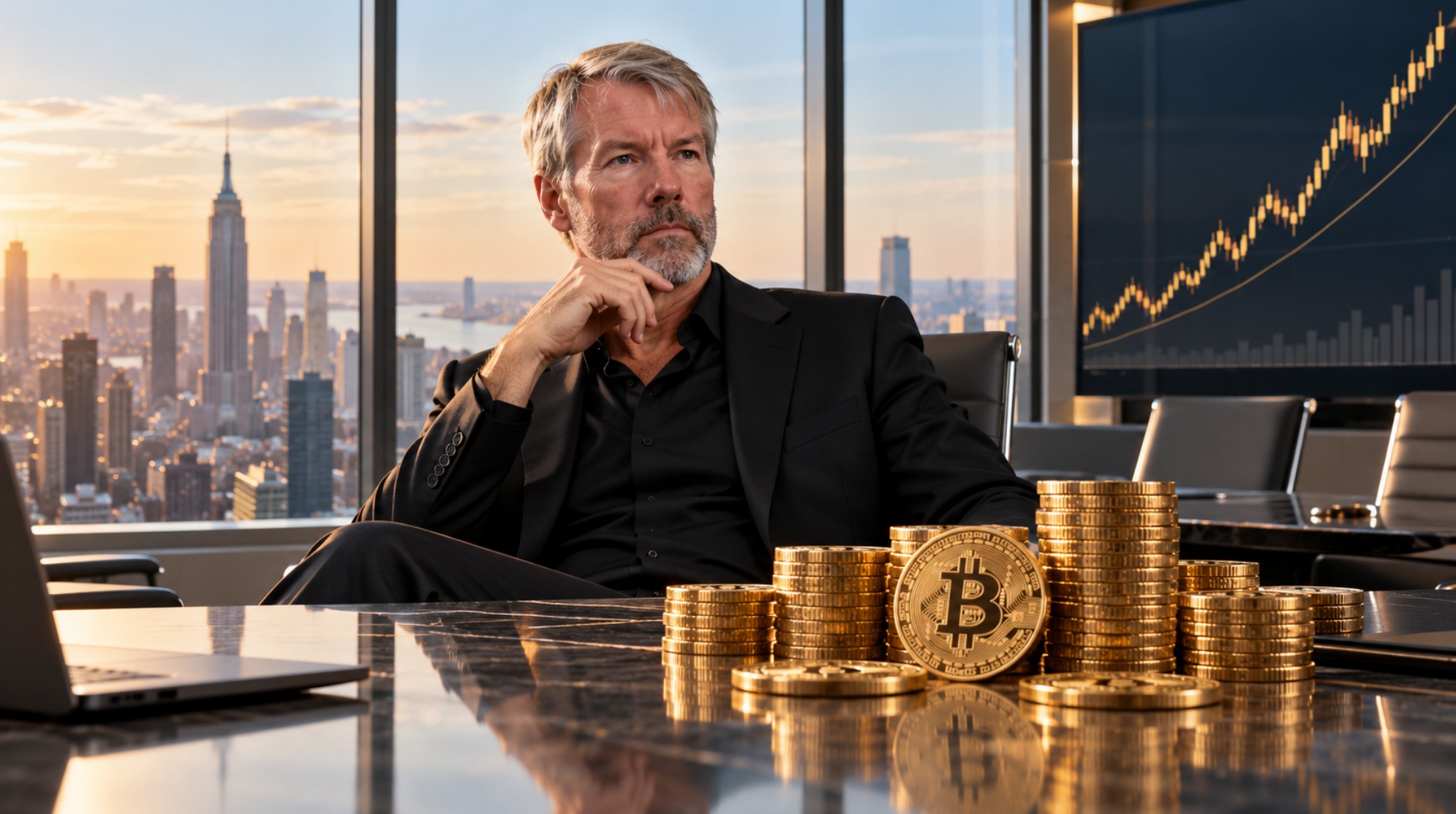 Michael Saylor in einem modernen Vorstandsbüro mit Bitcoin-Münzen und steigendem Kurschart im Hintergrund.