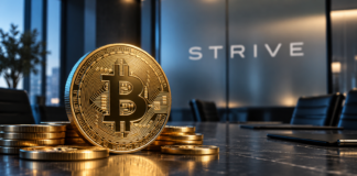 Goldene Bitcoin-Münze mit Münzstapeln auf einem Konferenztisch vor einem Strive-Schriftzug.