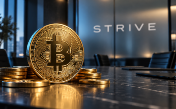 Goldene Bitcoin-Münze mit Münzstapeln auf einem Konferenztisch vor einem Strive-Schriftzug.