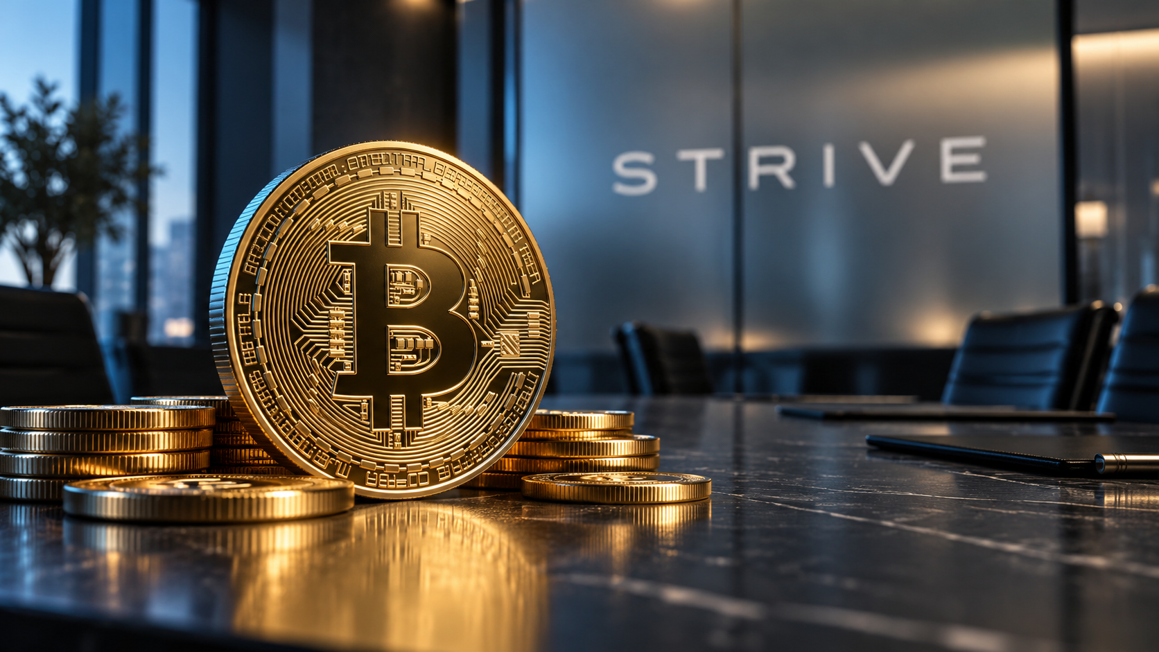 Goldene Bitcoin-Münze mit Münzstapeln auf einem Konferenztisch vor einem Strive-Schriftzug.