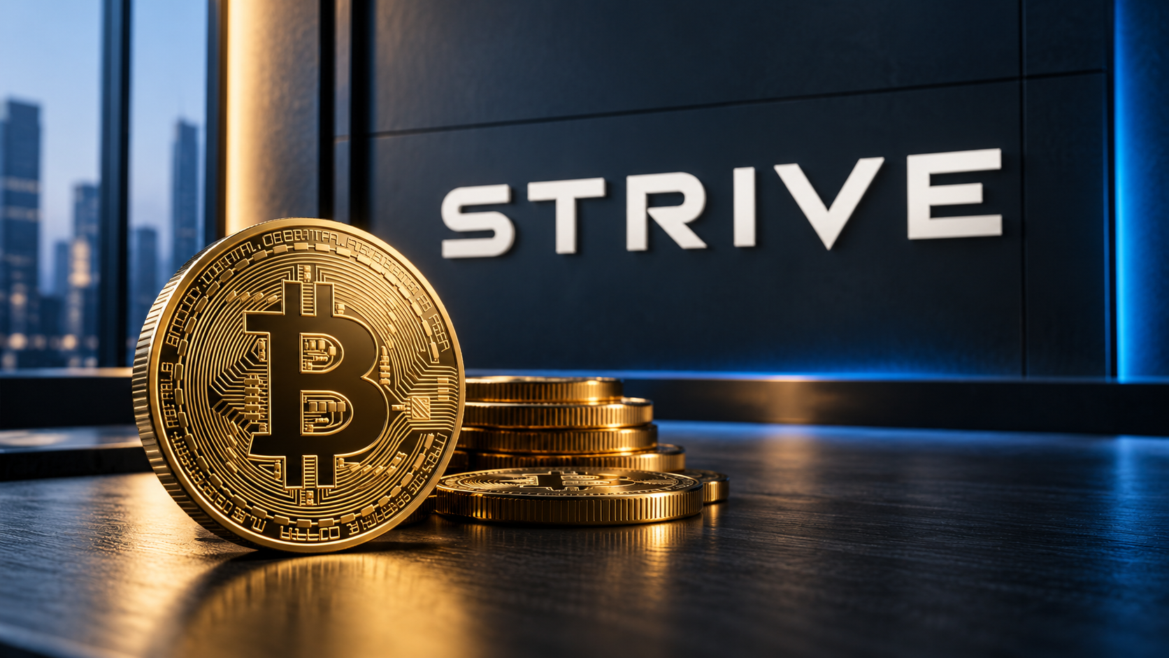 Goldene Bitcoin-Münzen vor einem großen Strive-Schriftzug mit blauer Akzentbeleuchtung.