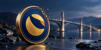 Blau-goldene Terra-Classic-Münze mit sich auflösender Kante und einer Brücke im Hintergrund.