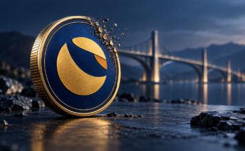 Blau-goldene Terra-Classic-Münze mit sich auflösender Kante und einer Brücke im Hintergrund.