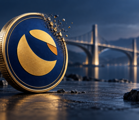 Blau-goldene Terra-Classic-Münze mit sich auflösender Kante und einer Brücke im Hintergrund.