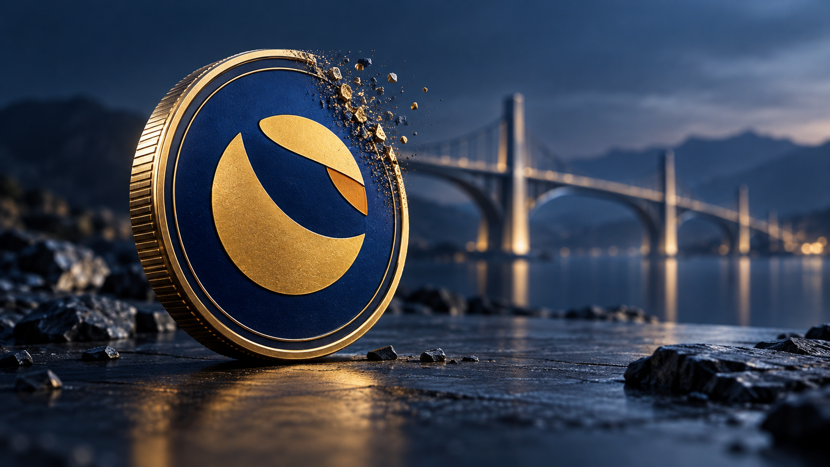 Blau-goldene Terra-Classic-Münze mit sich auflösender Kante und einer Brücke im Hintergrund.