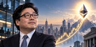 Porträt eines Finanzanalysten vor Skyline mit leuchtendem Ethereum-Logo und aufsteigendem Kurschart als Symbol für ein mögliches ETH-Kursziel von 50.000 US-Dollar