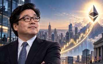 Porträt eines Finanzanalysten vor Skyline mit leuchtendem Ethereum-Logo und aufsteigendem Kurschart als Symbol für ein mögliches ETH-Kursziel von 50.000 US-Dollar