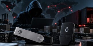 Symbolbild zum Ledger-Skandal: Ledger- und Trezor-Hardware-Wallets im Vordergrund, dahinter ein vermuteter Hacker mit Laptop sowie angedeutete Lieferketten- und Cyberangriffs-Szenerie.