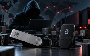 Symbolbild zum Ledger-Skandal: Ledger- und Trezor-Hardware-Wallets im Vordergrund, dahinter ein vermuteter Hacker mit Laptop sowie angedeutete Lieferketten- und Cyberangriffs-Szenerie.