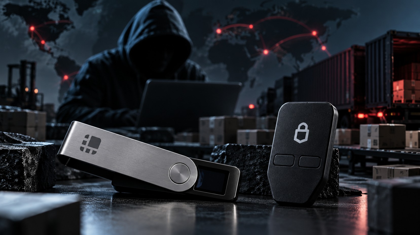 Symbolbild zum Ledger-Skandal: Ledger- und Trezor-Hardware-Wallets im Vordergrund, dahinter ein vermuteter Hacker mit Laptop sowie angedeutete Lieferketten- und Cyberangriffs-Szenerie.