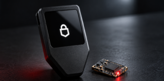 Symbolische Trezor-Hardware-Wallet neben einer kleinen Platine mit roter Kontrollleuchte auf dunklem Untergrund.