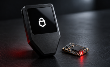 Symbolische Trezor-Hardware-Wallet neben einer kleinen Platine mit roter Kontrollleuchte auf dunklem Untergrund.