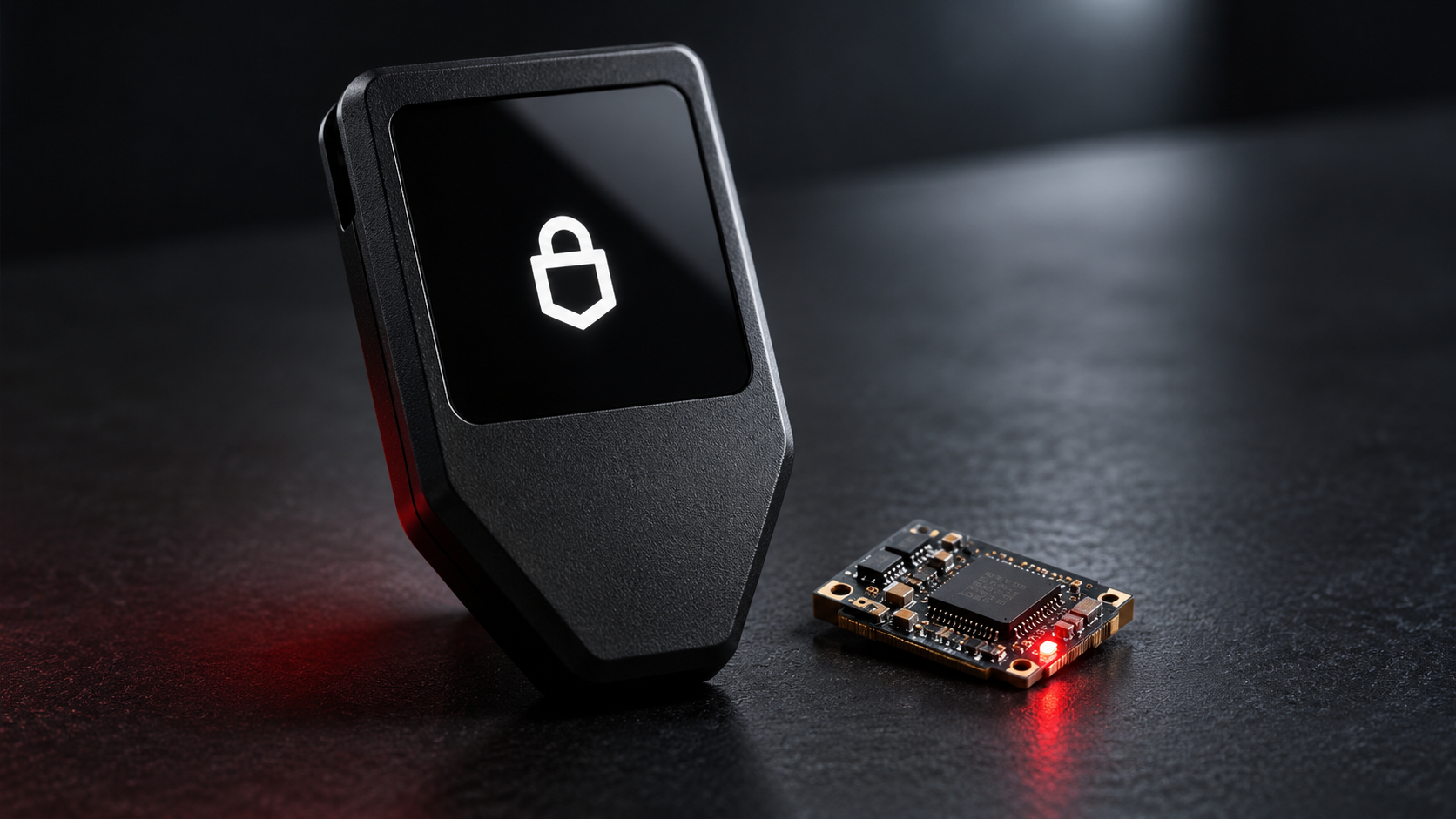 Symbolische Trezor-Hardware-Wallet neben einer kleinen Platine mit roter Kontrollleuchte auf dunklem Untergrund.