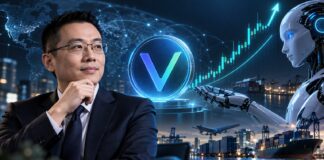 VeChain-CEO Sunny Lu mit VET-Logo, steigendem VET-Kurs und KI-Roboter als Symbol für VeChains Strategie im milliardenschweren KI-Markt