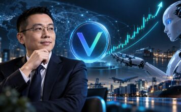 VeChain-CEO Sunny Lu mit VET-Logo, steigendem VET-Kurs und KI-Roboter als Symbol für VeChains Strategie im milliardenschweren KI-Markt