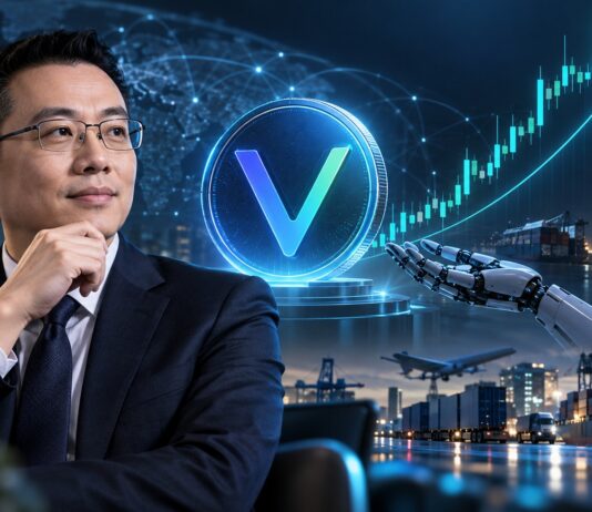 VeChain-CEO Sunny Lu mit VET-Logo, steigendem VET-Kurs und KI-Roboter als Symbol für VeChains Strategie im milliardenschweren KI-Markt