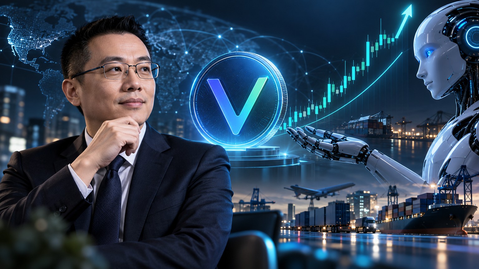 VeChain-CEO Sunny Lu mit VET-Logo, steigendem VET-Kurs und KI-Roboter als Symbol für VeChains Strategie im milliardenschweren KI-Markt