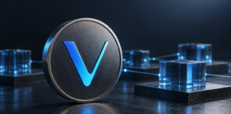 VeChain: 15,5 Milliarden VET gebunden – Kurs steigt um 34 Prozent VeChain-Symbol auf einer metallischen Münze vor blau beleuchteten, vernetzten Glasblöcken.
