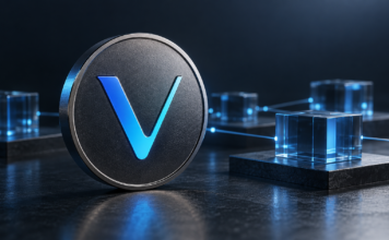 VeChain: 15,5 Milliarden VET gebunden – Kurs steigt um 34 Prozent VeChain-Symbol auf einer metallischen Münze vor blau beleuchteten, vernetzten Glasblöcken.