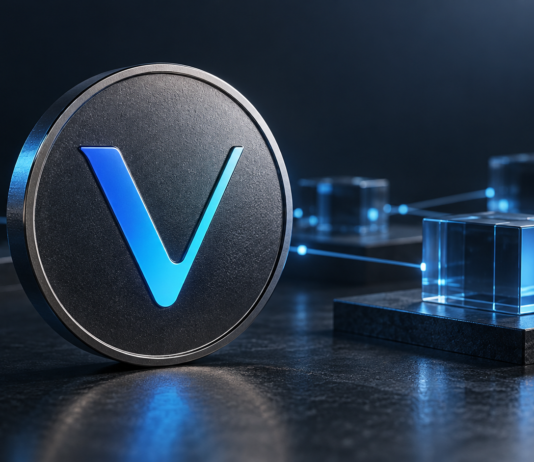 VeChain-Symbol auf einer metallischen Münze vor blau beleuchteten, vernetzten Glasblöcken.