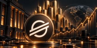 Stellar (XLM) Logo vor Finanzgebäude mit steigendem Kurschart – Janus Henderson lanciert tokenisierten Nasdaq-100-Fonds
