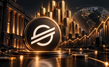 Stellar (XLM) Logo vor Finanzgebäude mit steigendem Kurschart – Janus Henderson lanciert tokenisierten Nasdaq-100-Fonds