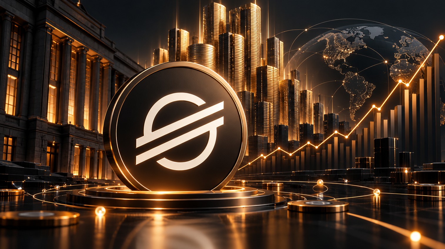 Stellar (XLM) Logo vor Finanzgebäude mit steigendem Kurschart – Janus Henderson lanciert tokenisierten Nasdaq-100-Fonds