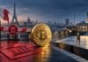 Bitcoin zwischen Frankreich und Deutschland: Symbolbild zur geplanten Krypto-Wegzugssteuer mit Grenzschranke und Nationalflaggen.