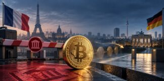 Bitcoin zwischen Frankreich und Deutschland: Symbolbild zur geplanten Krypto-Wegzugssteuer mit Grenzschranke und Nationalflaggen.