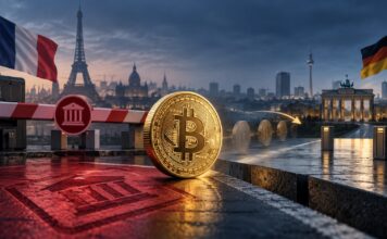 Bitcoin zwischen Frankreich und Deutschland: Symbolbild zur geplanten Krypto-Wegzugssteuer mit Grenzschranke und Nationalflaggen.
