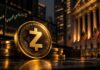 Zcash-Münze vor Wall-Street-Kulisse mit Kurscharts und Finanzmarkt-Symbolik