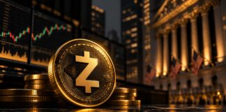 Zcash-Münze vor Wall-Street-Kulisse mit Kurscharts und Finanzmarkt-Symbolik