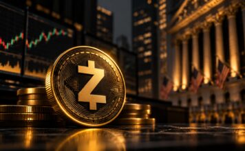 Zcash-Münze vor Wall-Street-Kulisse mit Kurscharts und Finanzmarkt-Symbolik