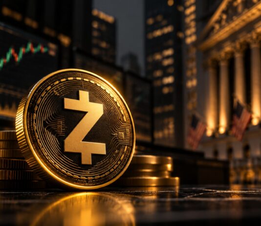 Zcash-Münze vor Wall-Street-Kulisse mit Kurscharts und Finanzmarkt-Symbolik