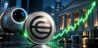 Worldcoin-Symbol vor modernem Bankgebäude und biometrischem Scanner, begleitet von einem grünen Aufwärtstrend als Sinnbild für steigenden Kurs und wachsende Bedeutung im Finanzsektor.