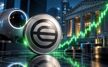 Worldcoin-Symbol vor modernem Bankgebäude und biometrischem Scanner, begleitet von einem grünen Aufwärtstrend als Sinnbild für steigenden Kurs und wachsende Bedeutung im Finanzsektor.