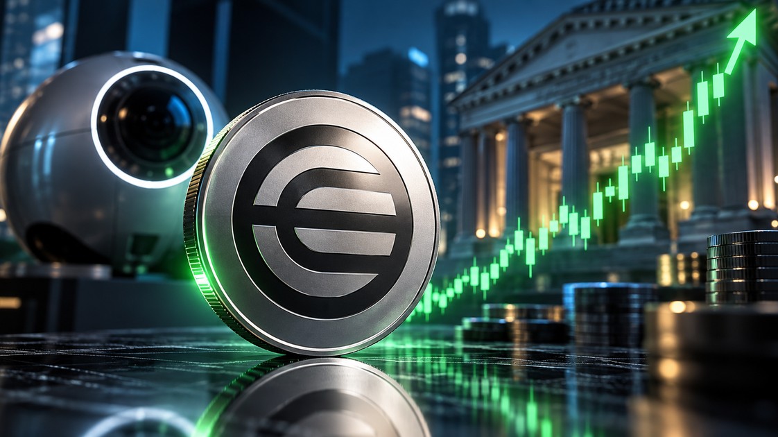 Worldcoin-Symbol vor modernem Bankgebäude und biometrischem Scanner, begleitet von einem grünen Aufwärtstrend als Sinnbild für steigenden Kurs und wachsende Bedeutung im Finanzsektor.